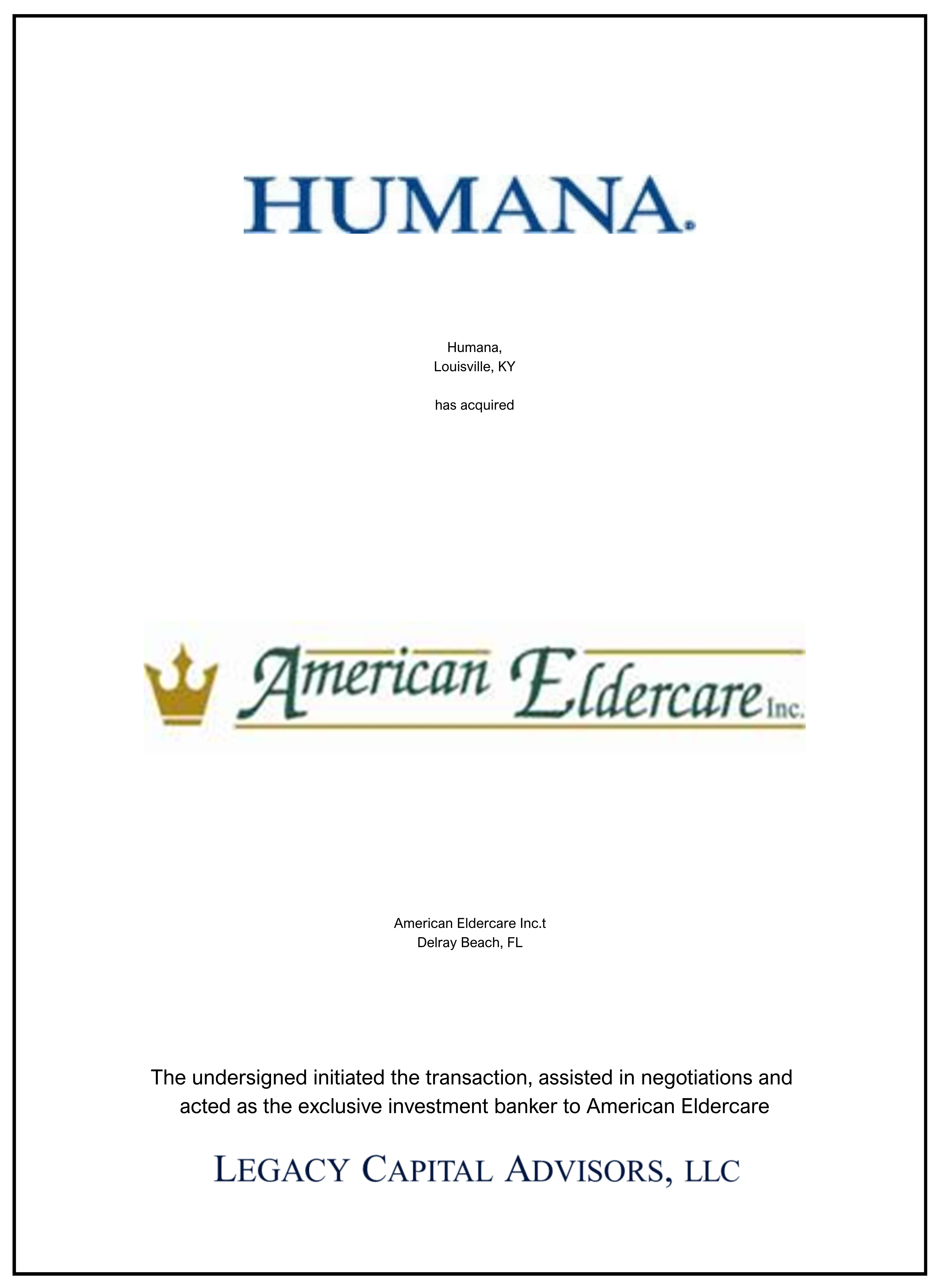 American Eldercare transaction tombstone