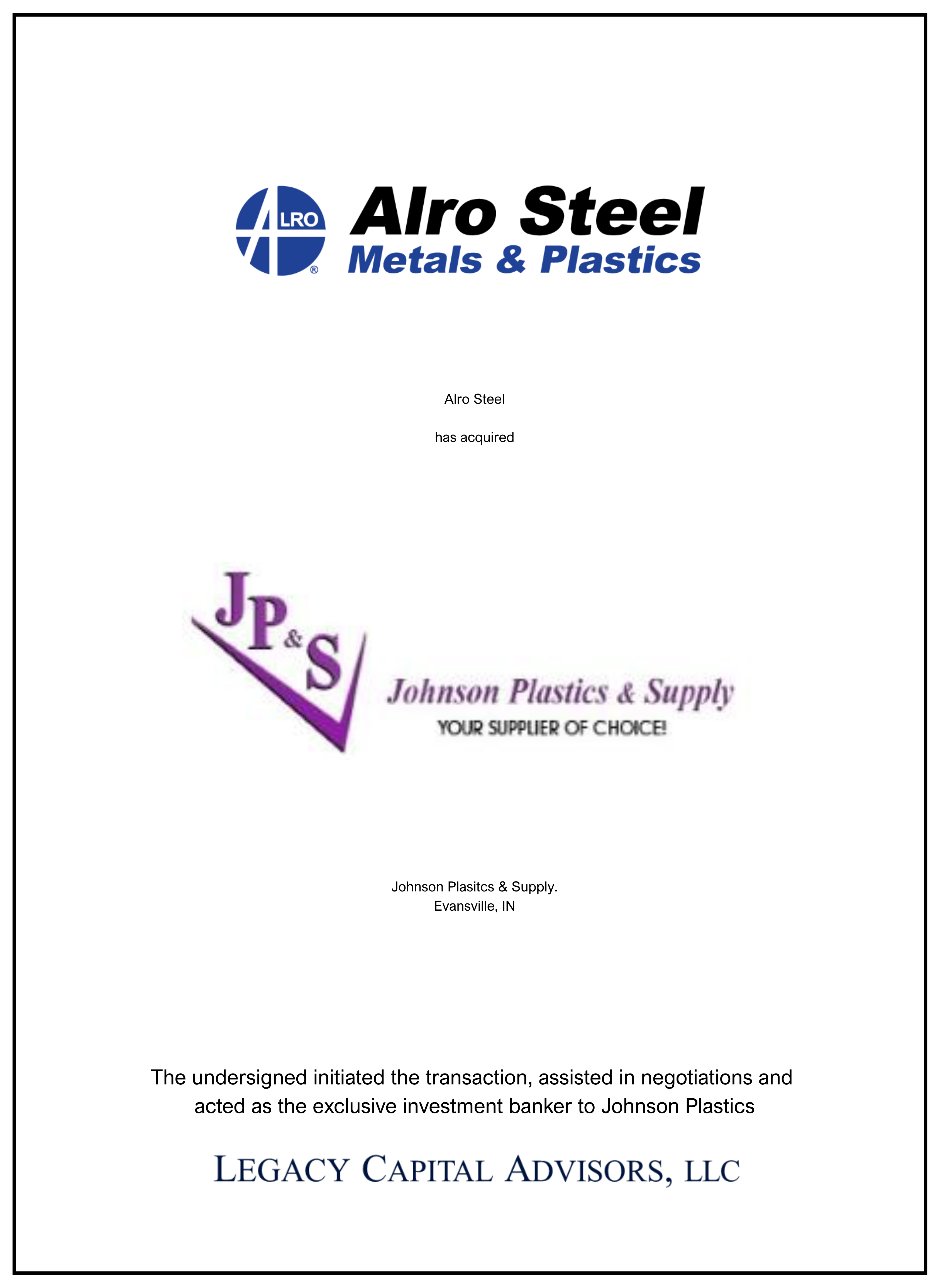 Johnson Plastics transaction tombstone