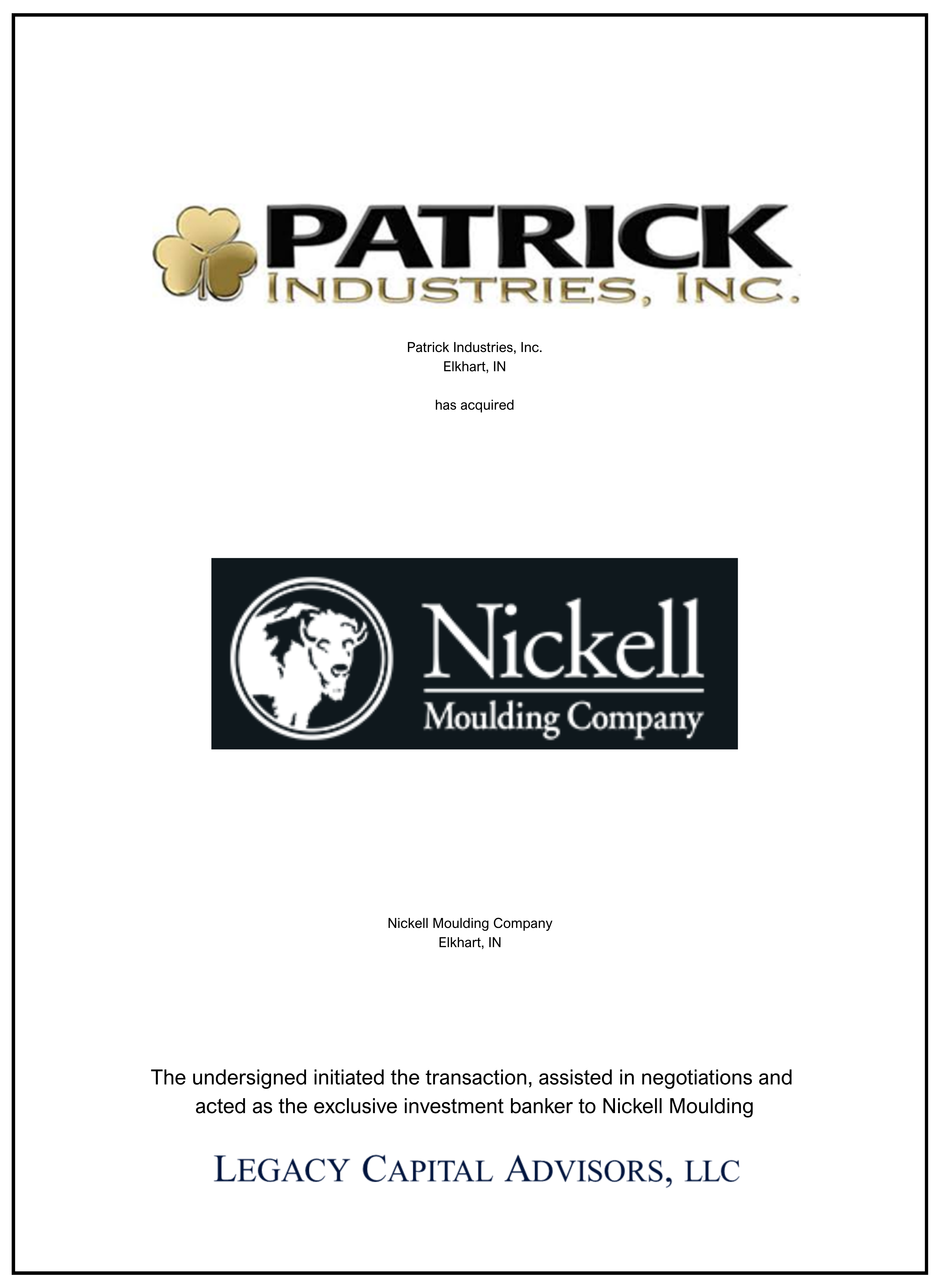 Nickell Molding transaction tombstone