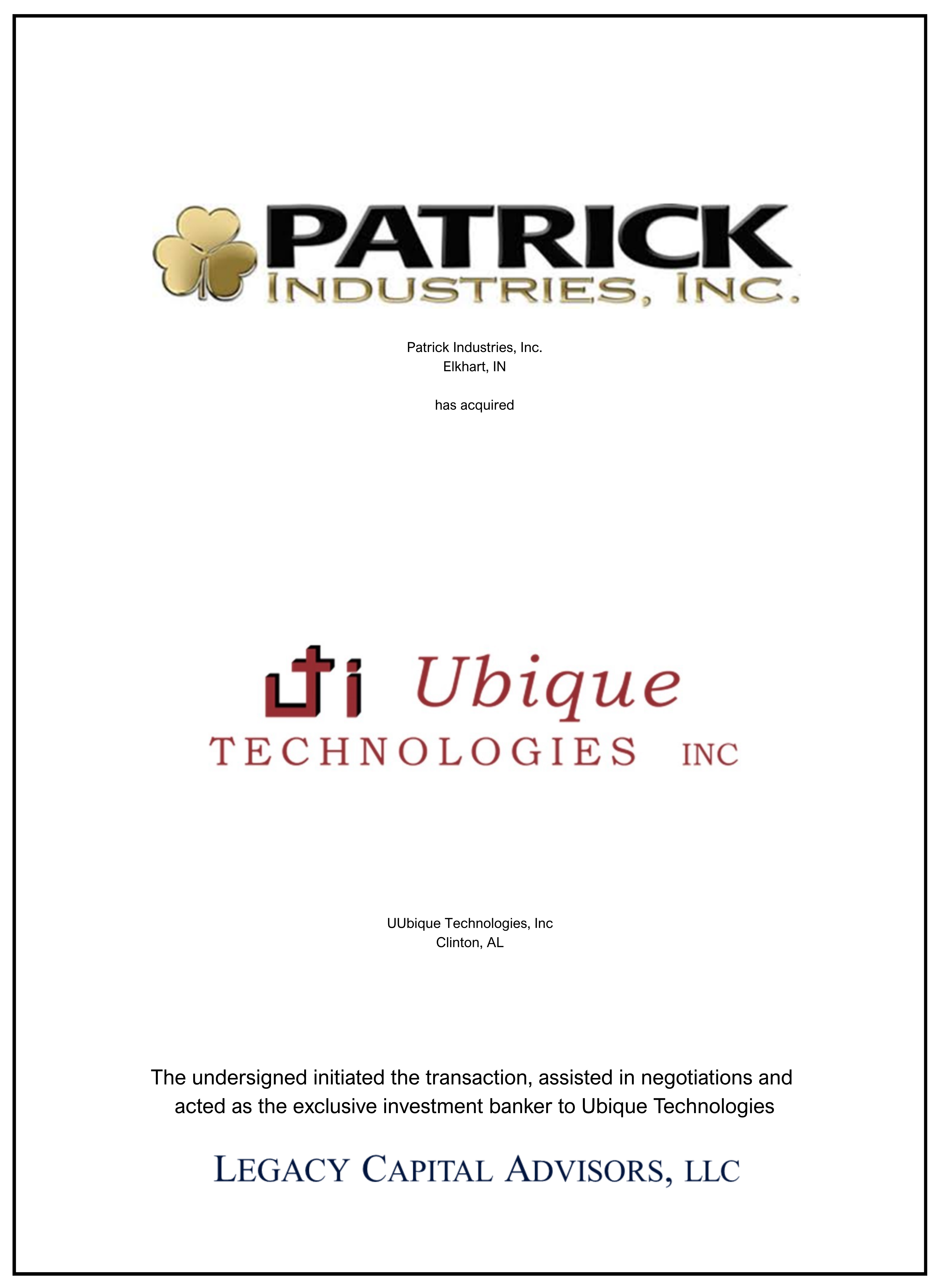 Ubique Technologies transaction tombstone
