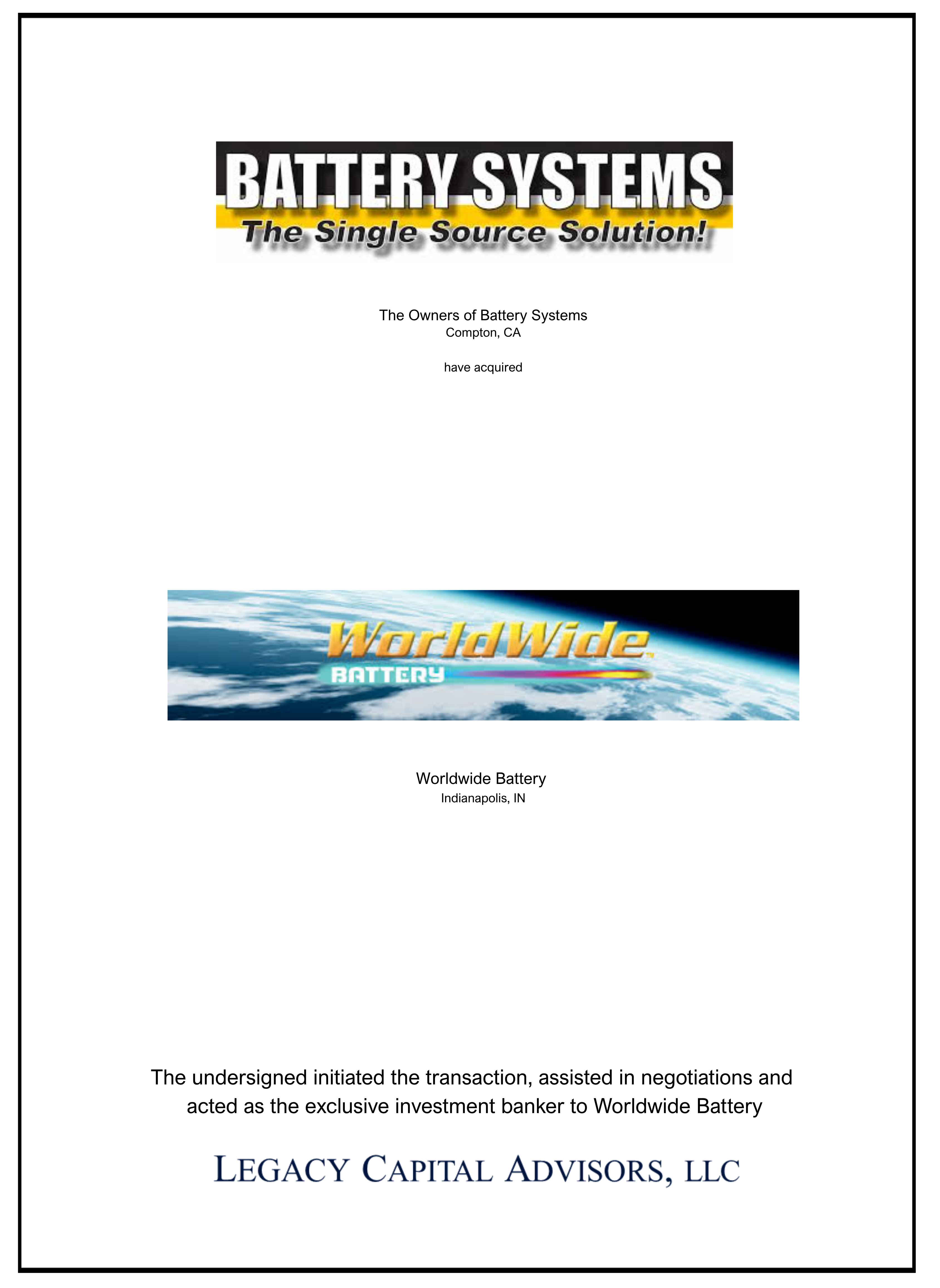 Worldwide Battery transaction tombstone