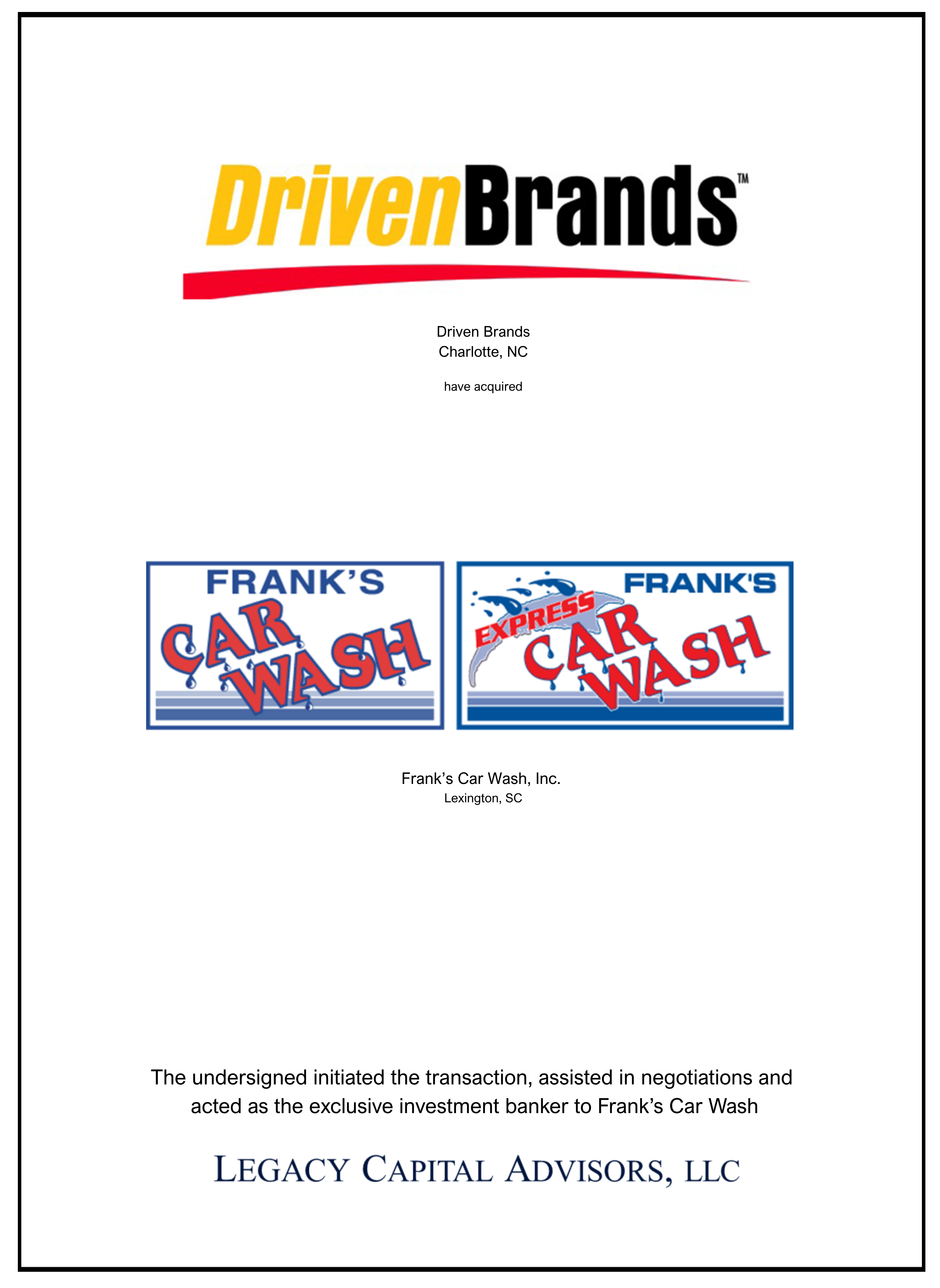 Frank's Car Wash transaction tombstone